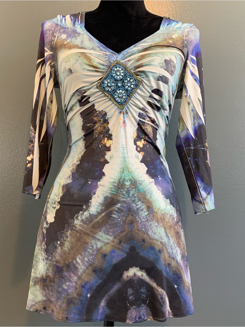 ONE WORLD Blue Teal and Purple Embellished V-Neck Long Sleeve Dress